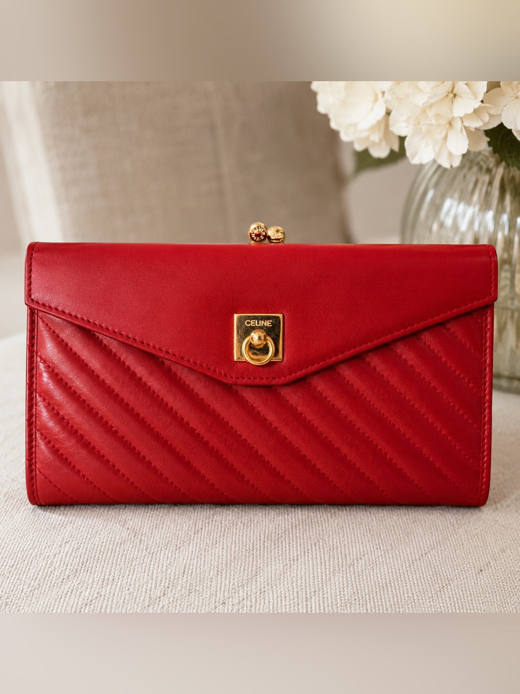Celine Paris Red Quilted Leather Wallet Clutch